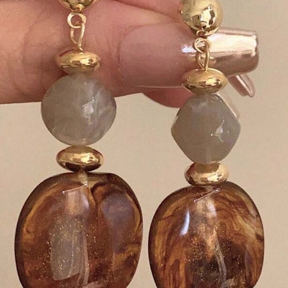 Gold and Amber Bead Drop Earrings - Women Jewelry